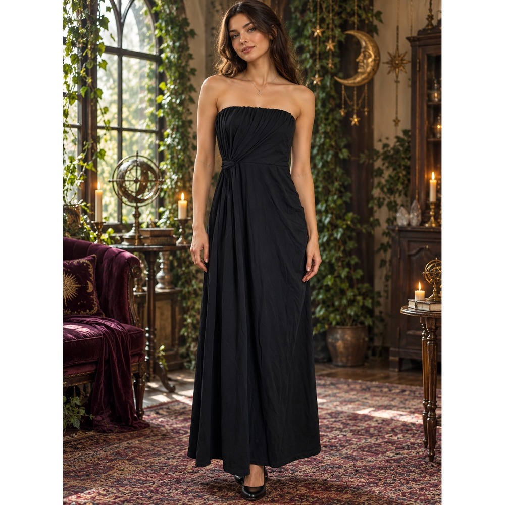 636. Whimsigoth Black Strapless Maxi Dress Ruched Knotted Waist Size Small